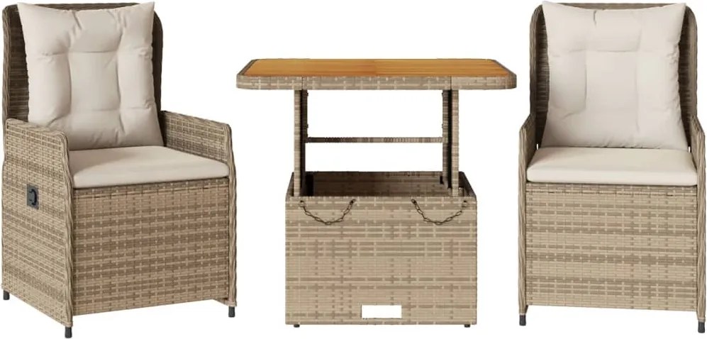 vidaXL Set bistro cu perne, 3 piese, bej, poliratan