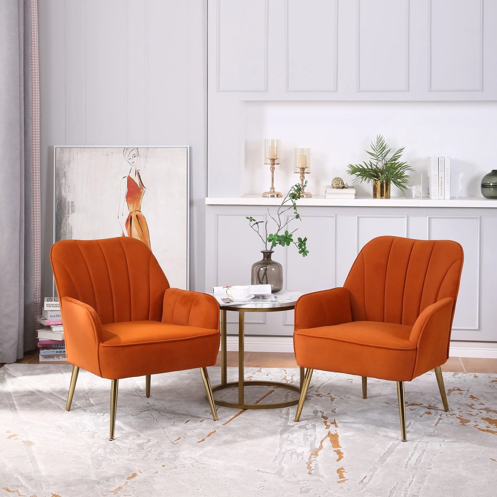 Set de 2 scaune de living din catifea, Design ergonomic, Culoare portocaliu