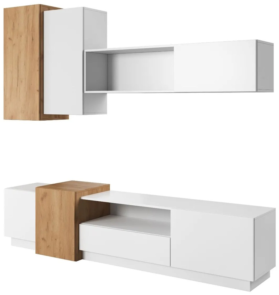 Set 3D alb/stejar artizanal: comodă TV + raft de perete + dulapuri suspendate