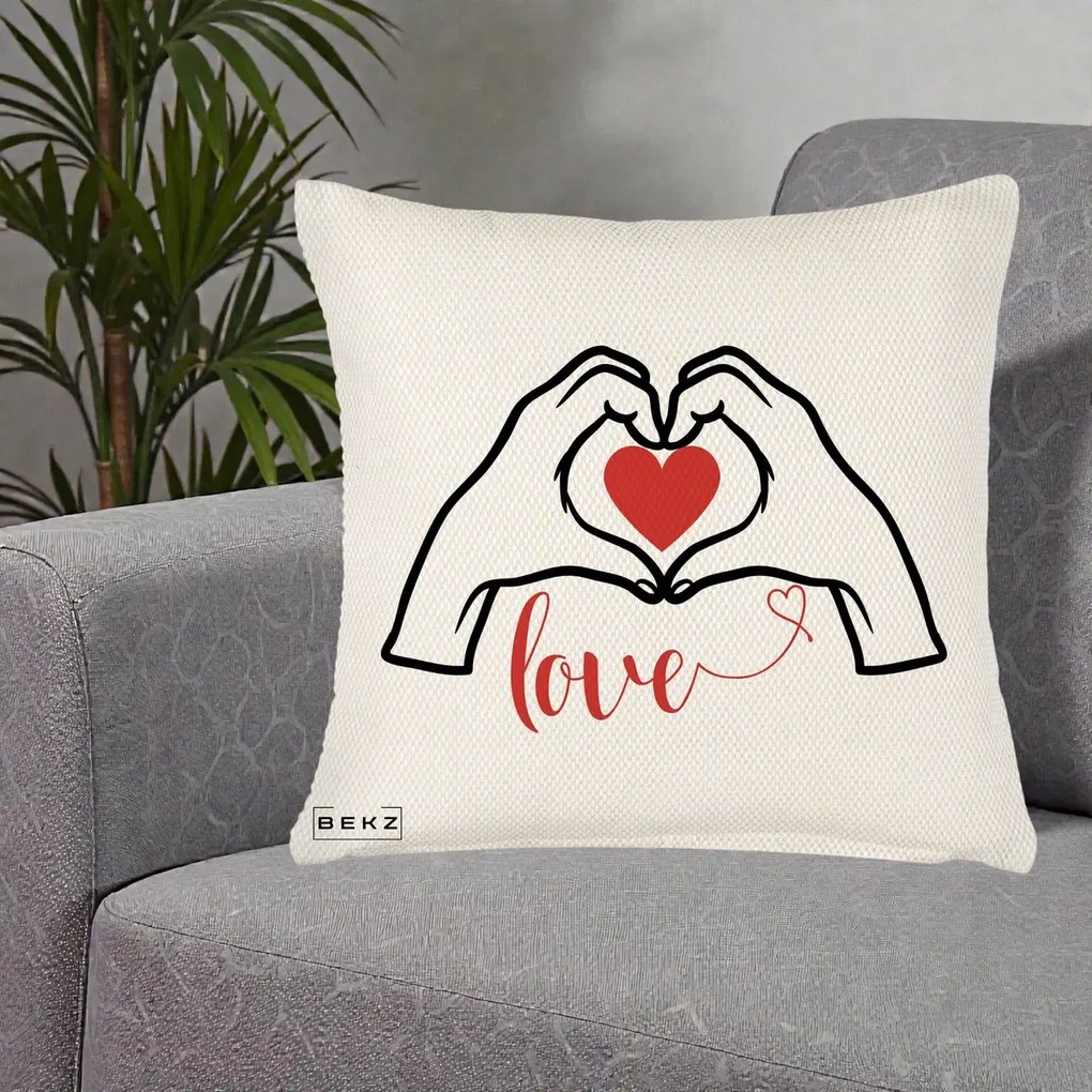 Perna Decorativa Love Maini Inima cu Inscriptie Love Rosu, 40x40 cm, Crem Reliefat, Husa Detasabila, Perna Inclusa, BEKZ®