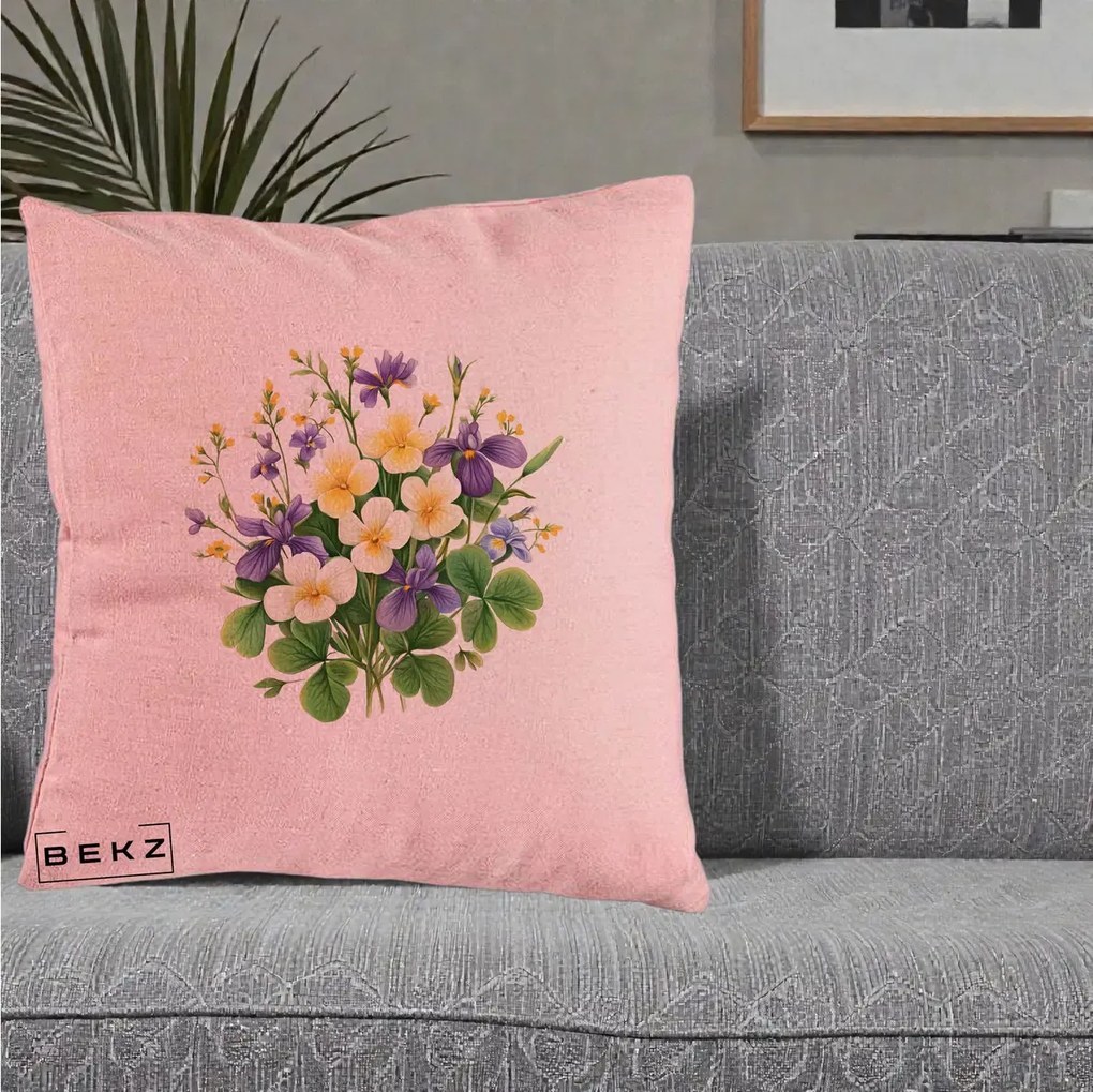 Perna Decorativa Viorele Iris Violet si Trifoi, 40x40 cm, Roz, Husa Detasabila, Perna Inclusa, BEKZ®