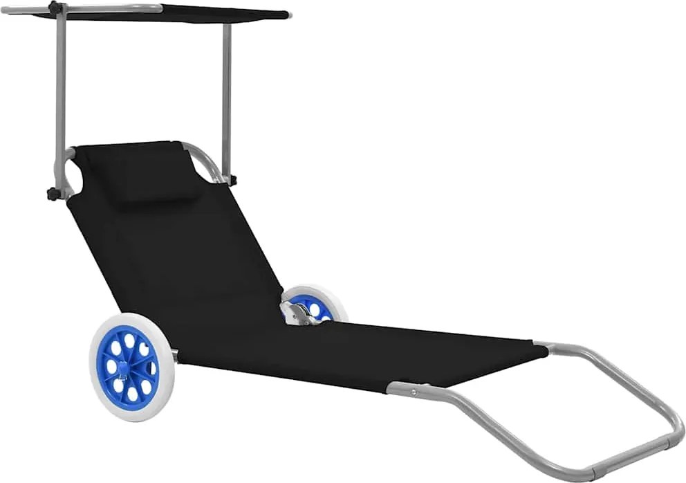 vidaXL Șezlong pliabil cu baldachin și roți, negru, oțel