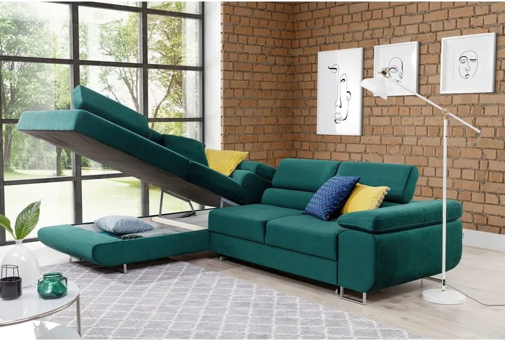 Colțar verde extensibil/cu spațiu de depozitare cu tapițerie din catifea (cu colț pe partea stângă/în formă de ”L”) Anton – ELTAP