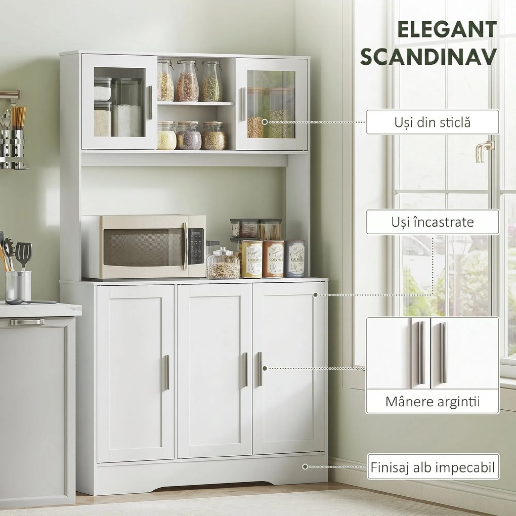 HOMCOM Dulap Bucătărie de 180cm, Dulap Înalt cu 4 Compartimente, Uși din Sticlă Securizată, 2 Rafturi Deschise, Rafturi Reglabile, Blat pentru Electrocasnice, pentru Bucătărie sau Living, Alb | Aosom Romania