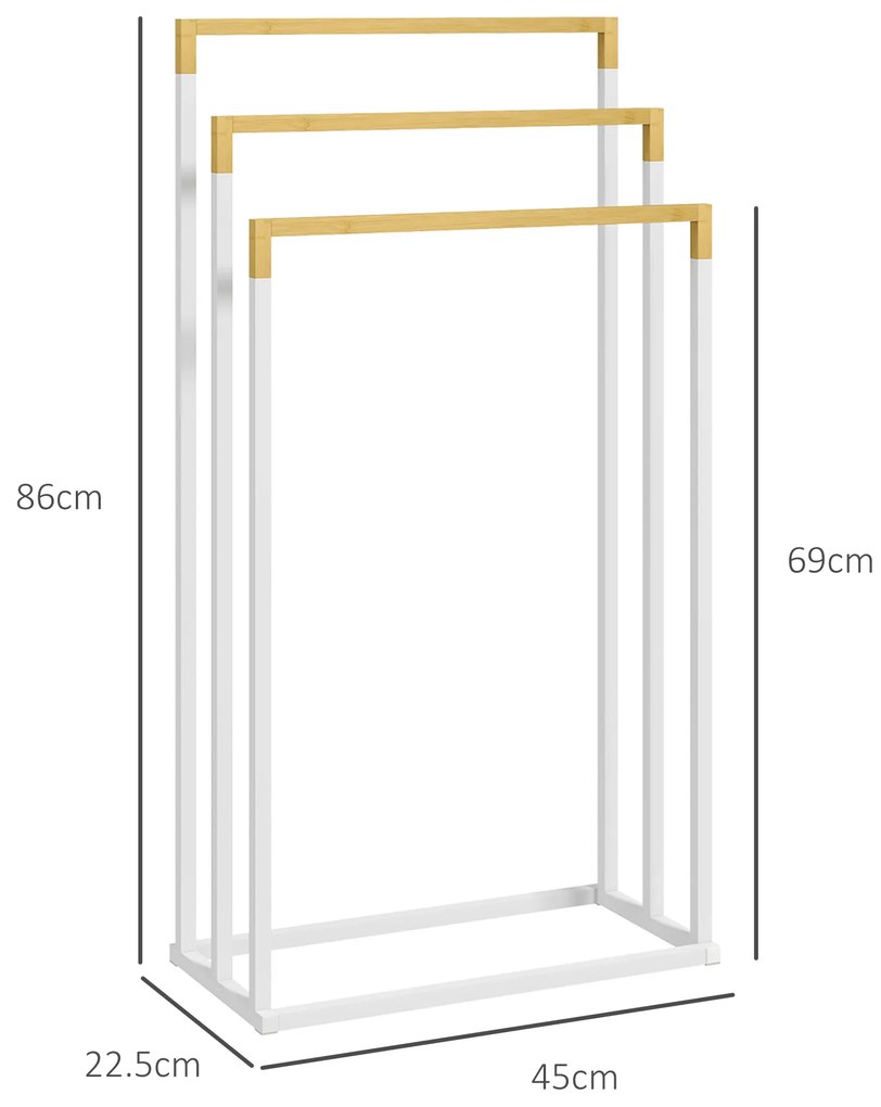 kleankin Suport pentru Prosoape din Bambus și Oțel cu Design Independent, 45x22.5x86 cm, Alb | Aosom Romania