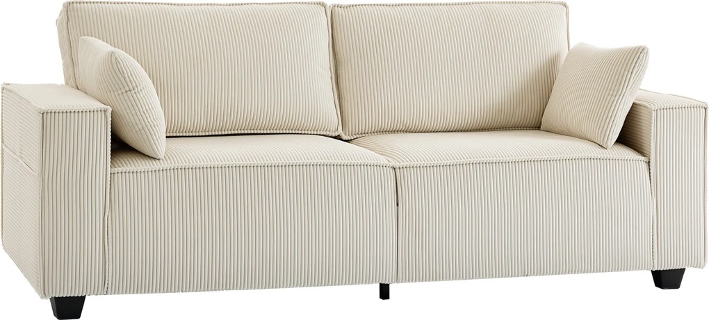 HOMCOM Canapea 3 locuri din velur canelat 218 cm, canapea de living, perne cu arcuri, cotiere late, 2 perne, bej | Aosom Romania