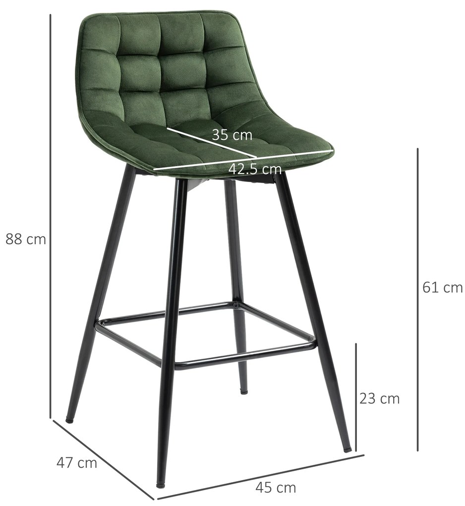 Set de 2 scaune de bar HOMCOM cu spatar, tapitate, stil nordic, metal, catifea, verde, 45x47x88cm | Aosom Romania