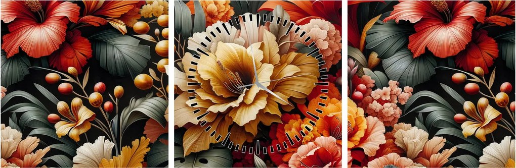 Tablou - Flori portocalii și roșii (cu ceas) (90x30 cm)