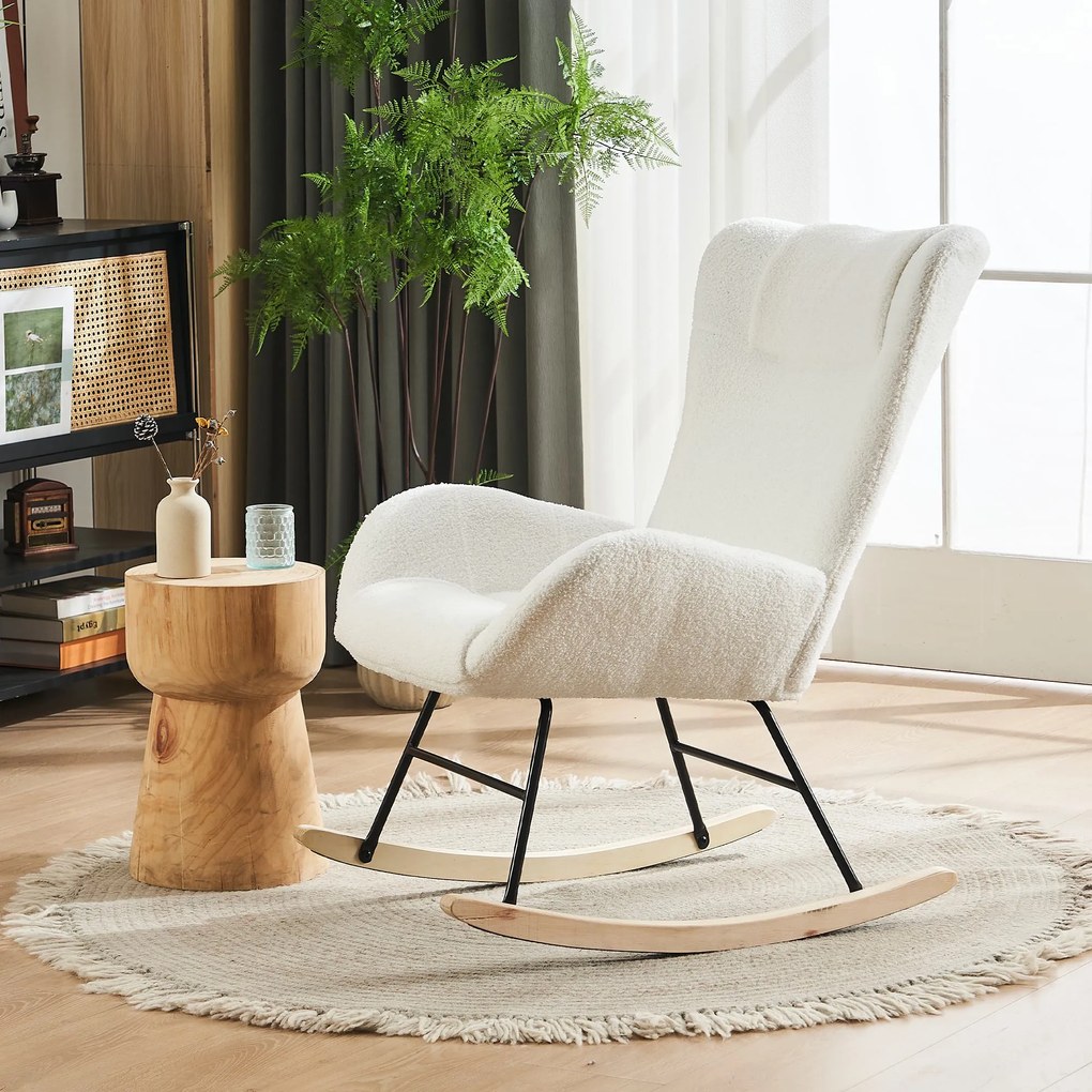 Fotoliu balansoar de relaxare cu spătar ergonomic și brațe, din catifea Teddy confortabilă, Alb