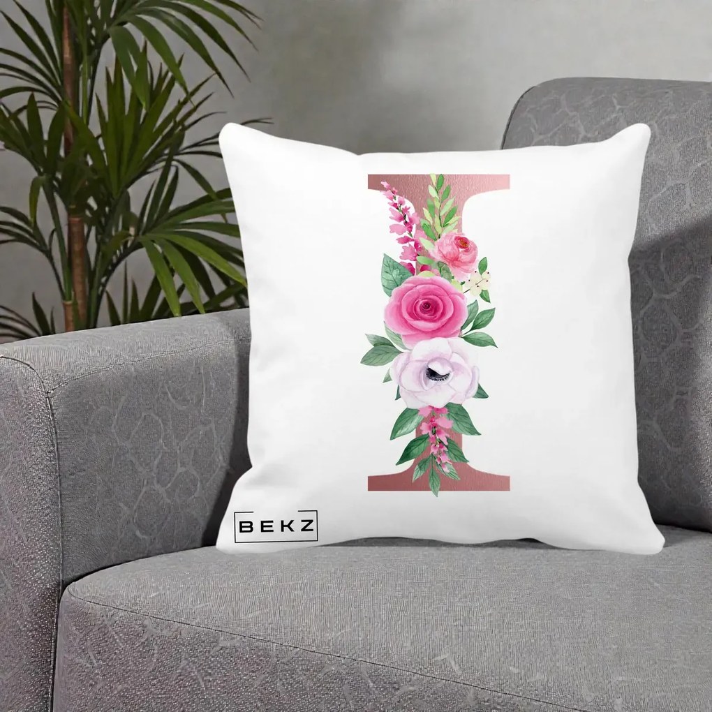 Cadou Personalizat - Perna Personalizata Monograma Rose Gold Litera I, 40x40 cm, Alba Mata, Husa Detasabila, Perna Inclusa, BEKZ®