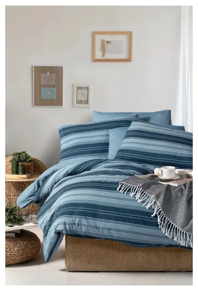 Lenjerie de pat albastră pentru pat dublu/canapea extinsă cu cearceaf inclus/cu 4 piese 200x220 cm Stripes – Mila Home