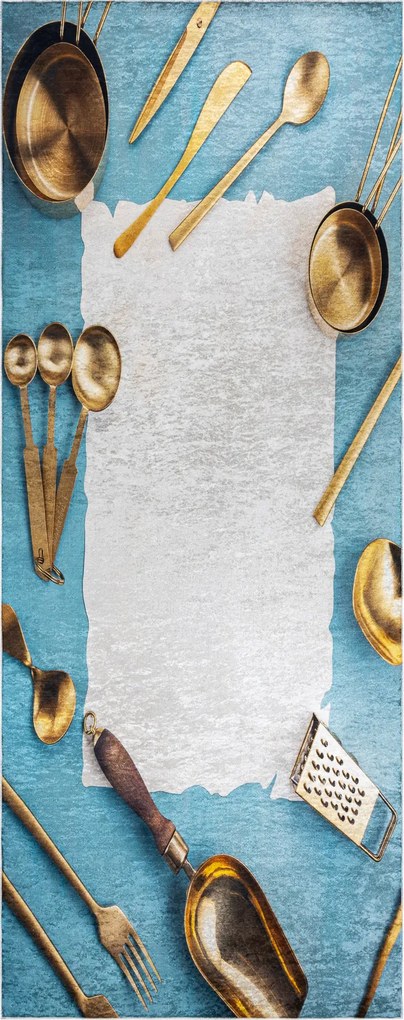 ANDRE 33220 covor lavabil linguri, bucatarie, anti-alunecare - albastru / aur