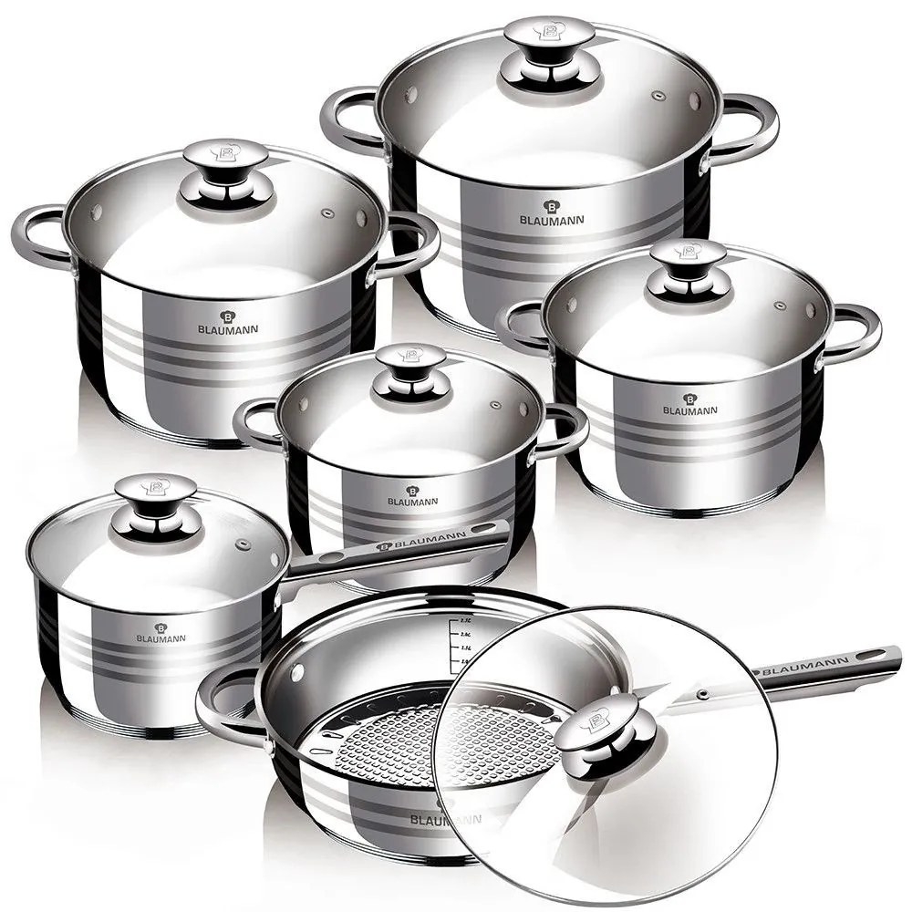 Set oale si tigaie inox cu capace (12 piese), durabile, gatire sanatoasa, Blaumann BL 1031