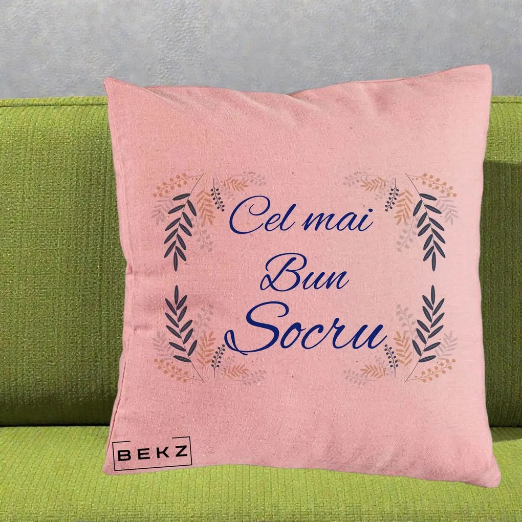 Cadou pentru Socru - Perna Personalizata Cel mai Bun Socru cu Ramuri Frunze Albastre si Aurii, 40x40 cm, Roz, Husa Detasabila, Perna Inclusa, BEKZ®