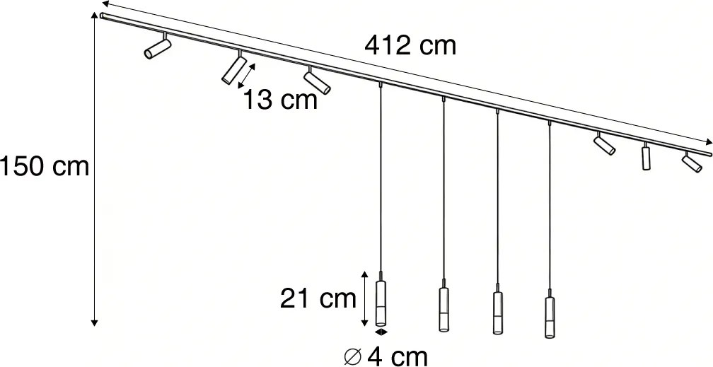 Sistem de iluminat pe șină modern negru cu 6 spoturi și 4 lumini suspendate bronz închis monofazat - Slimline Uzzy Loyce