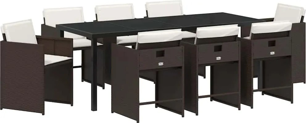 vidaXL Set de masă pentru grădină cu pernă 9 pcs Maro poliratan