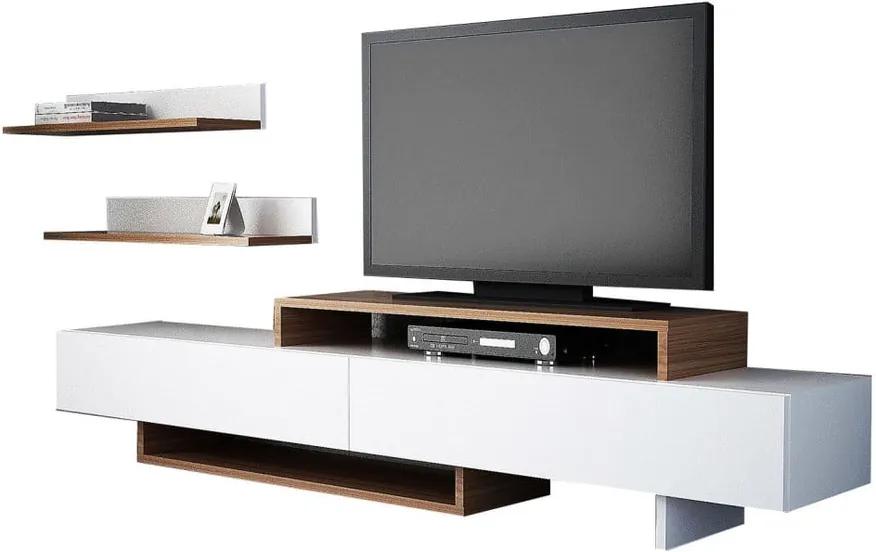 Set comodă TV și raft de perete în decor de lemn de tec Nirvanas, alb