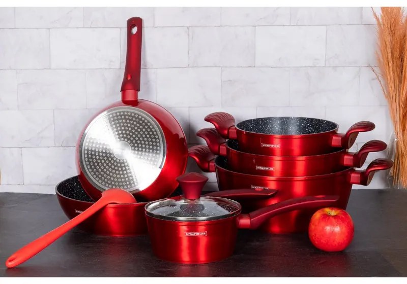 Set de oale si tigai Royalty Line FD10, 10 piese, Aluminiu turnat, Acoperire din marmura Greblon, Inductie, Rosu