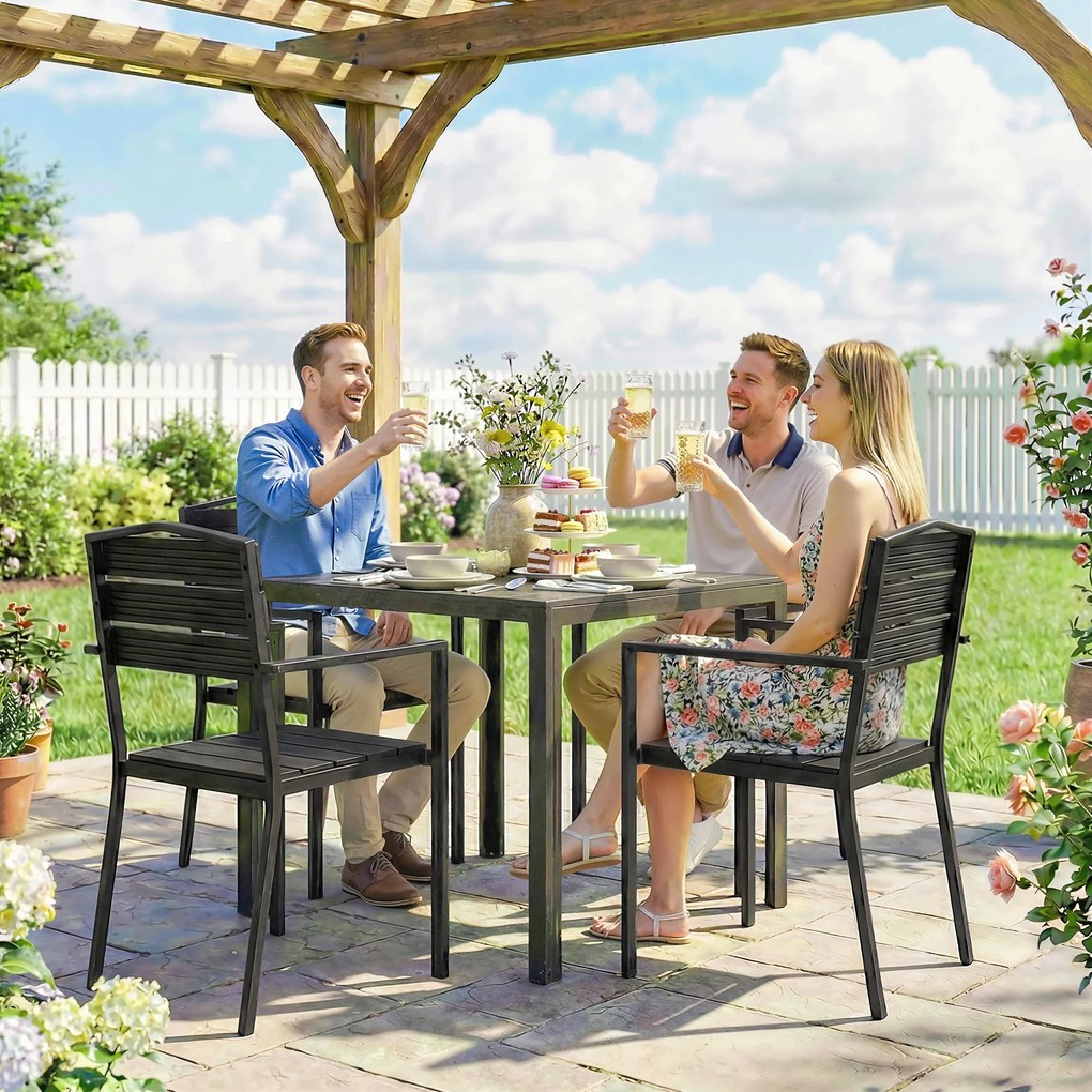 Outsunny Set 4 scaune de grădină Scaune de terasă stivuibile cu design cu lamele și cotiere 52 x 51 x 90 cm Negru | Aosom Romania