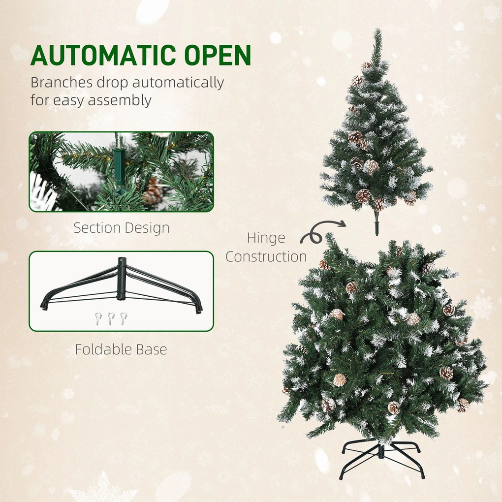 HOMCOM Brad de Crăciun Înzăpezit cu Conuri, Brad Artificial cu Deschidere Automată și Bază Pliabilă, Ø85x150 cm, Verde | Aosom Romania