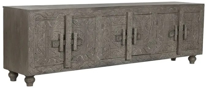 Comoda TV, gri, din lemn masiv sculptat, Arvane