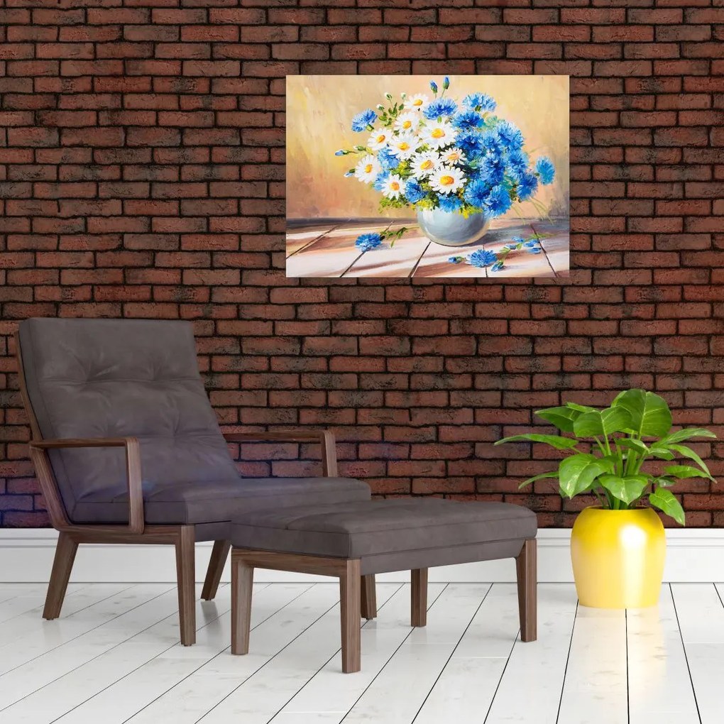 Tablou pe sticlă pictat cu vaza și flori (70x50 cm)
