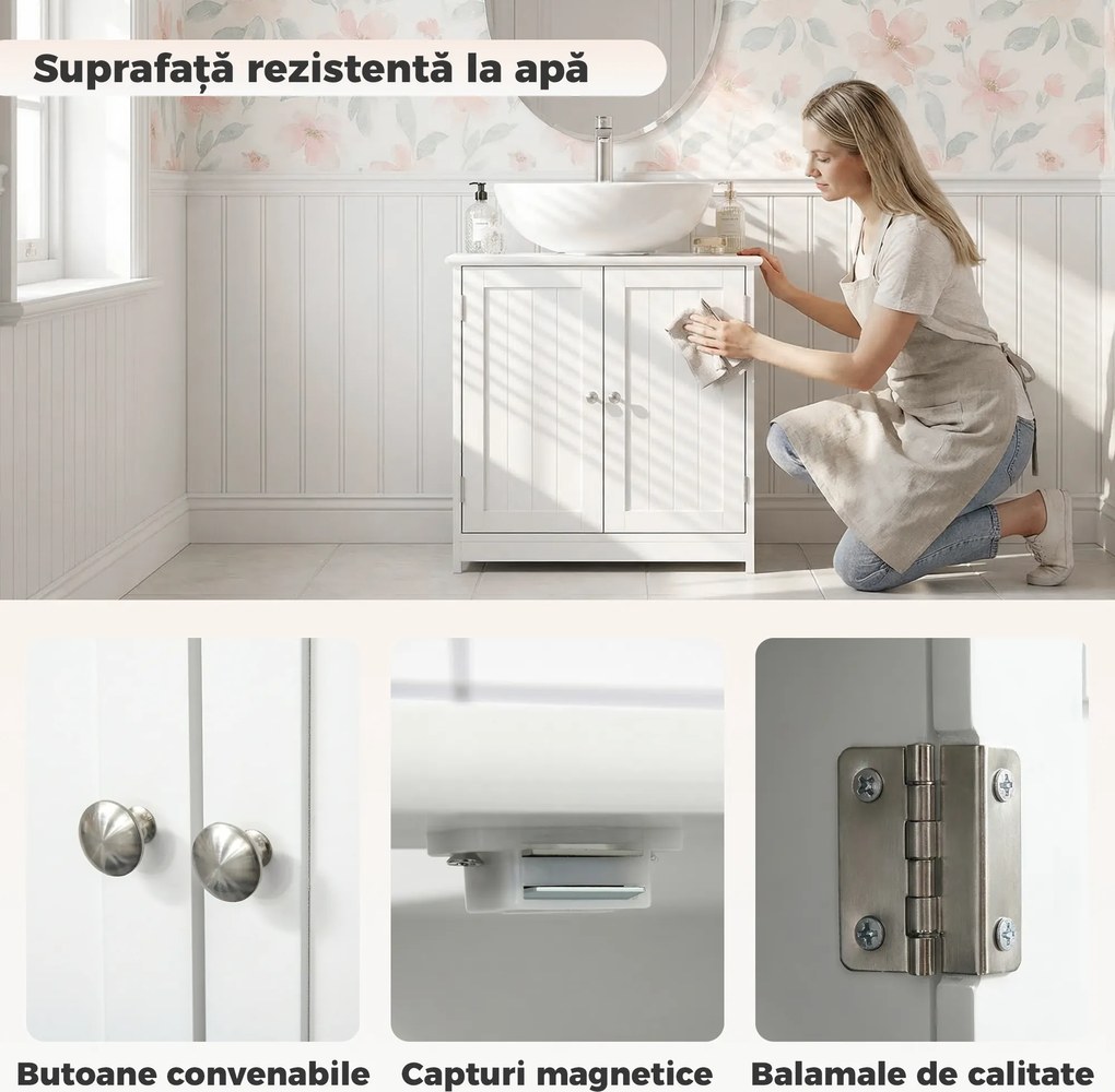 Kleankin Dulap Sub Chiuvetă cu 2 Uși și Raft Reglabil, Dulap de Baie Spațios cu Decupaj în Formă de U, 60x30x60 cm, Alb | Aosom Romania