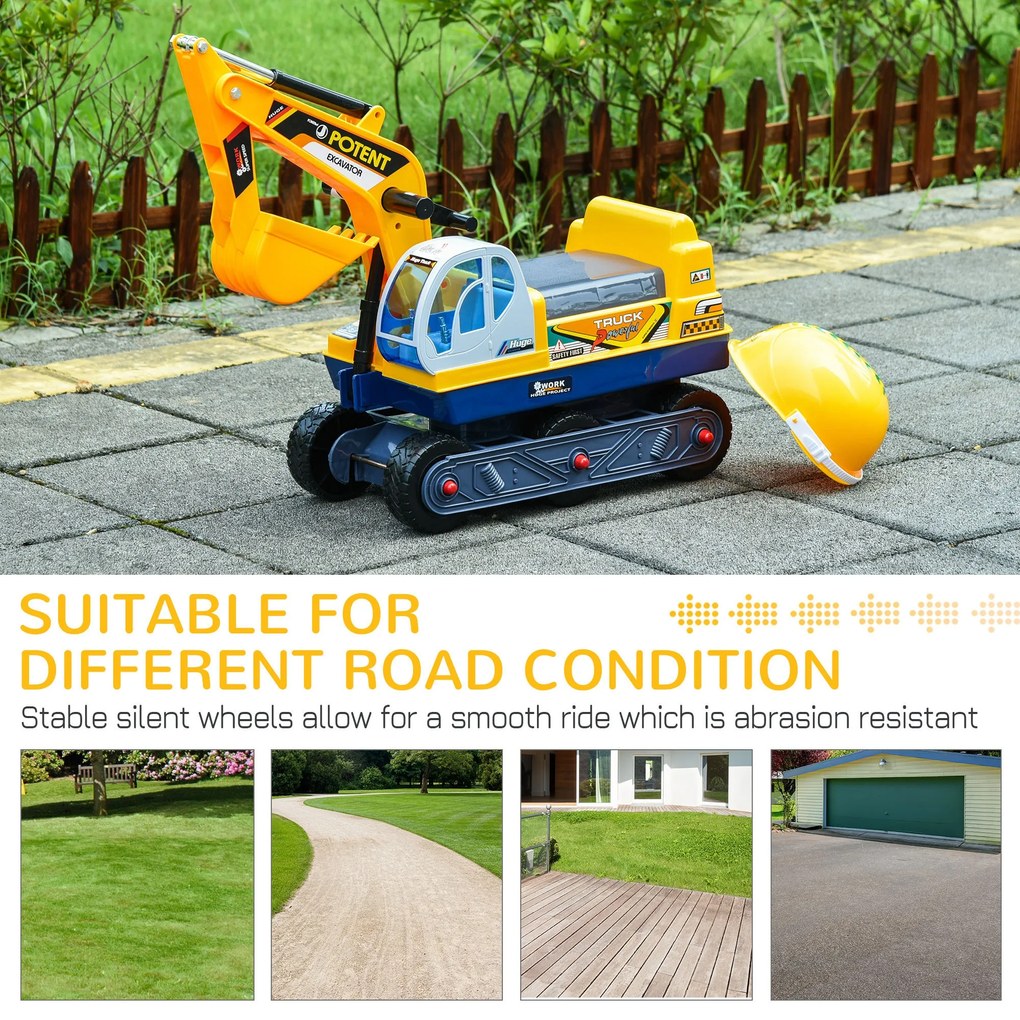 HOMCOM Buldozer Jucarie cu Excavator Manual Scaun Rotativ si Casca, Jucarie prevazuta cu Loc, Copii 2-3 ani, 77x26x55cm, Galben