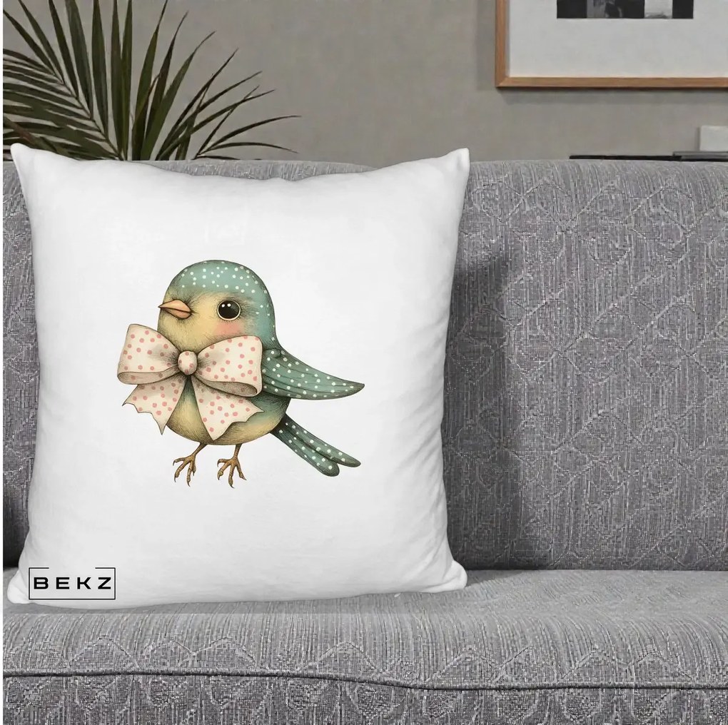 Perna Decorativa Pasare Teal cu Fundita cu Buline, 40x40 cm, Alb Pufos, Husa Detasabila, Perna Inclusa, BEKZ®