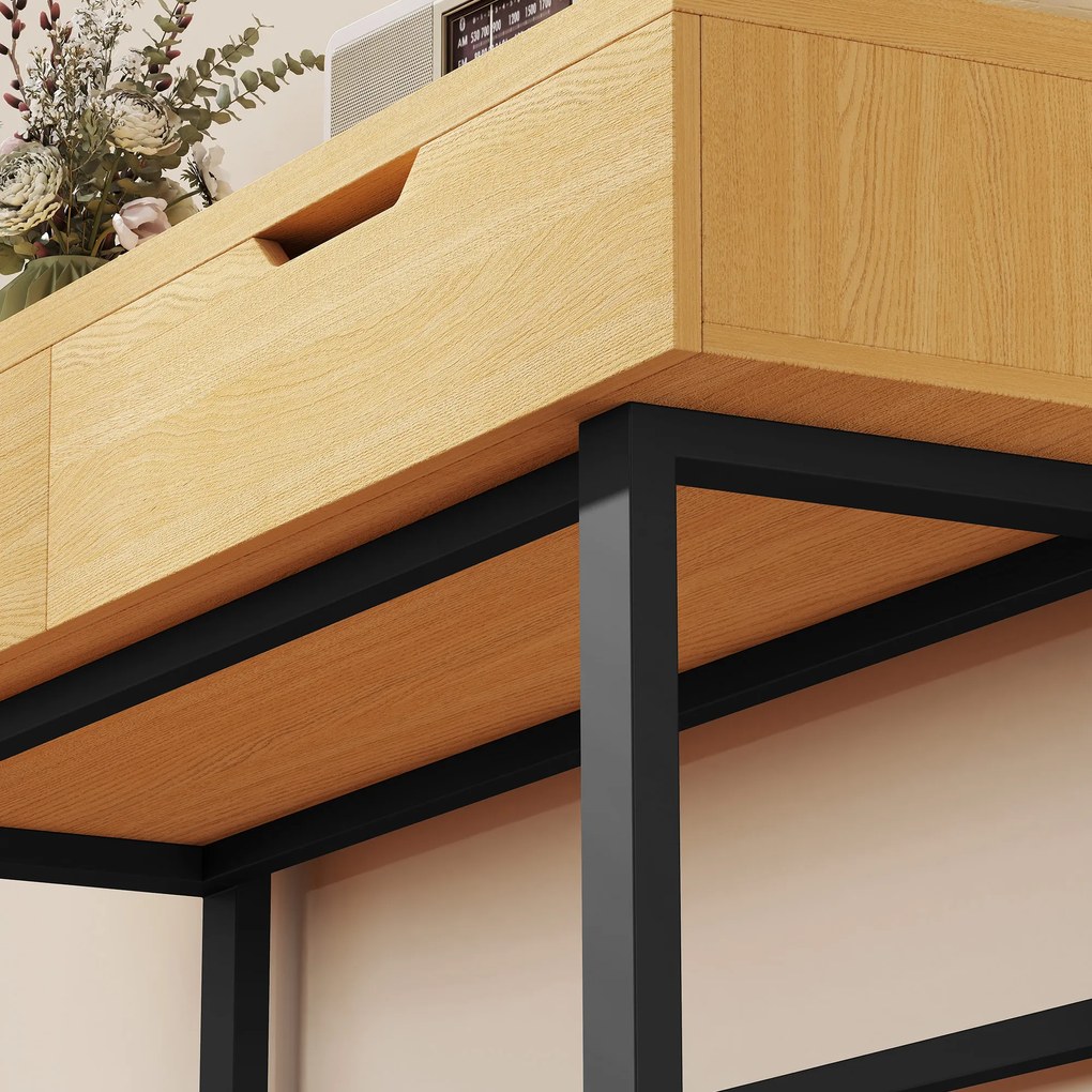 HOMCOM Consolă îngustă pentru hol cu 2 sertare, cadru metalic, pentru hol 110 x 35 x 76,5 cm natur | Aosom Romania