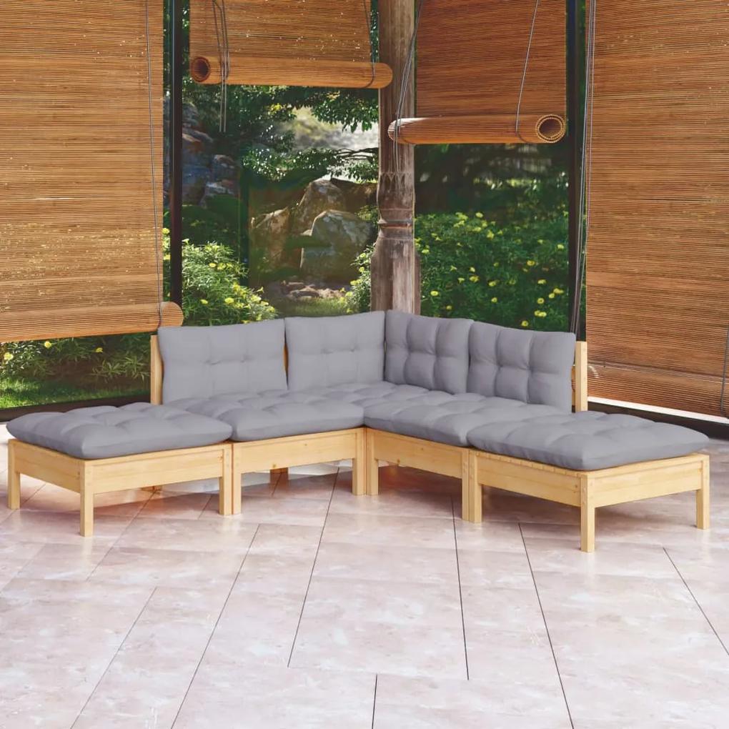 3096309 vidaXL Set mobilier grădină cu perne gri, 5 piese, lemn masiv de pin