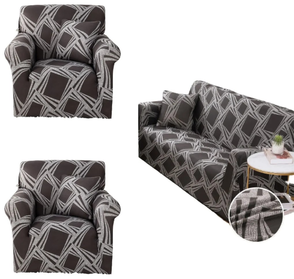 Set huse elastice, canapea 3 locuri + 2 fotolii, cu brate, cenusiu, SHEJ-47