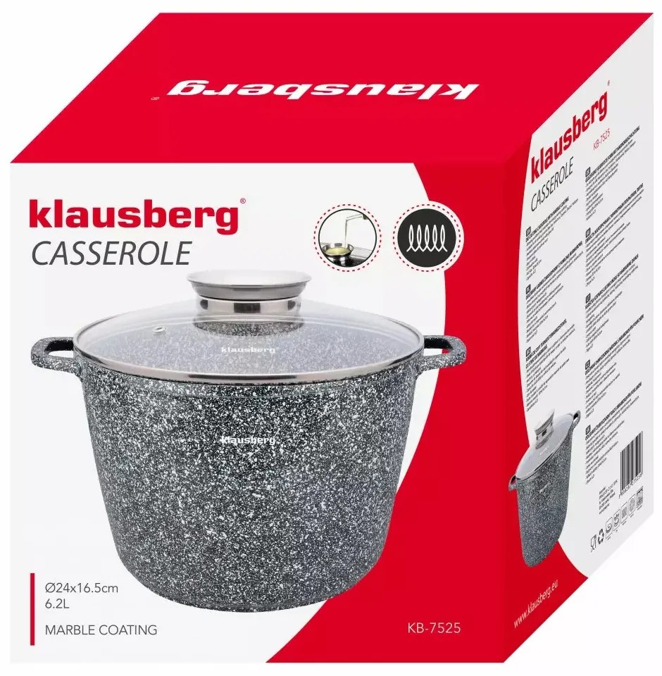 Oală cu capac 24 cm, 6.2L – Klausberg KB 7525, gri, strat antiaderent cu marmură, curățare ușoară și design modern