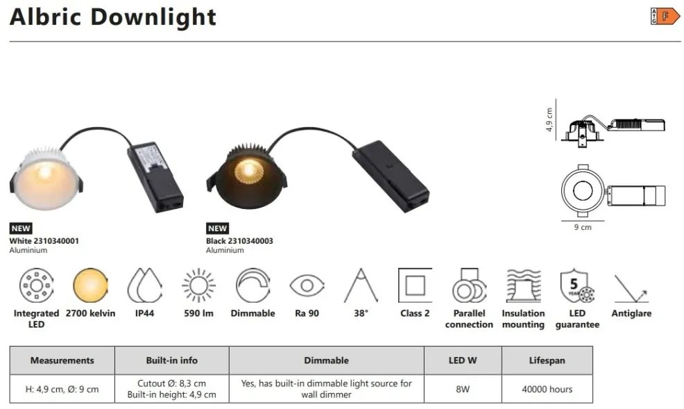 Spot LED dimabil incastrabil pentru baie IP44 Albric Black