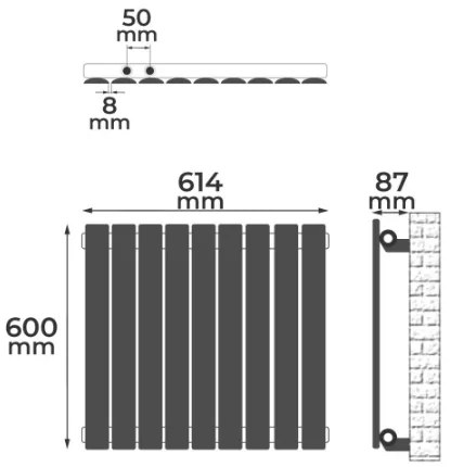 Radiator orizontal, conexiune centrală, 600 x 614 x 52 mm