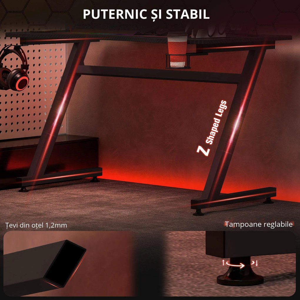 HOMCOM Masă Gaming Avansată cu Management al Cablurilor, Suport pentru Pahare și Cârlig pentru Căști, Design Ergonomic, Negru | Aosom Romania