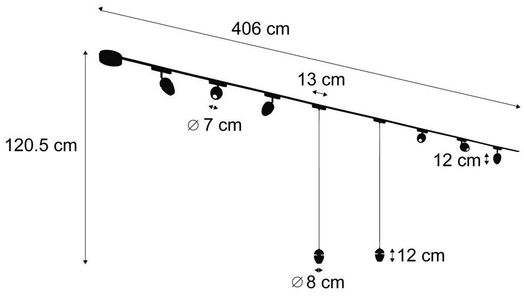 Sistem de iluminat pe șine cu 6 spoturi și 2 pendule negre monofazate - Magnetic Eggy