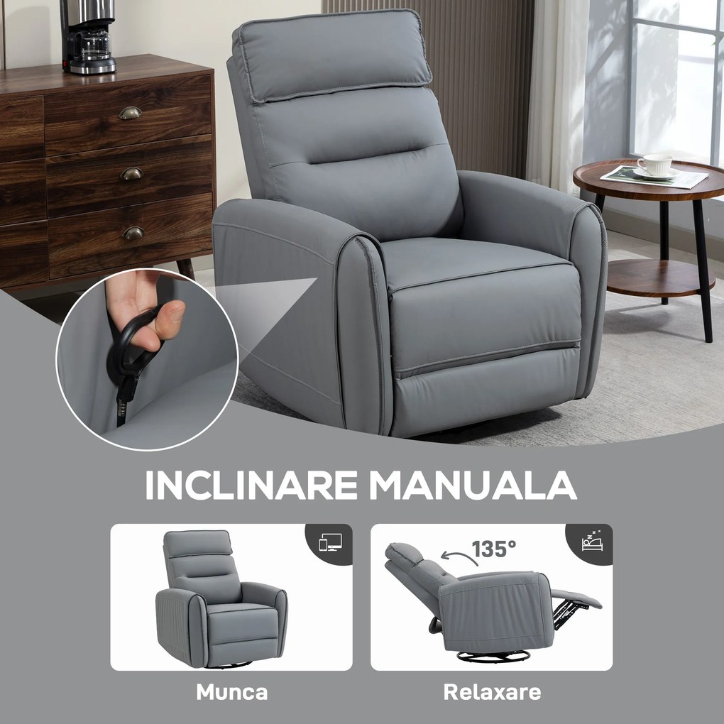 HOMCOM Fotoliu Reclinabil Manual cu Suport pentru Picioare din Material Textil Efect Piele și Bază Rotativă, Gri | Aosom Romania