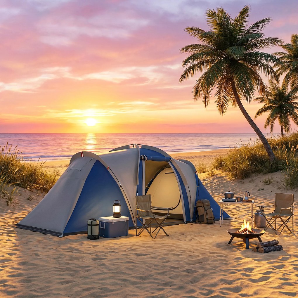 Outsunny Cort de Camping cu Dublu Strat Tip Tunel Familial 4-5 Persoane 2 Camere și Living pentru 12 Persoane Albastru | Aosom Romania