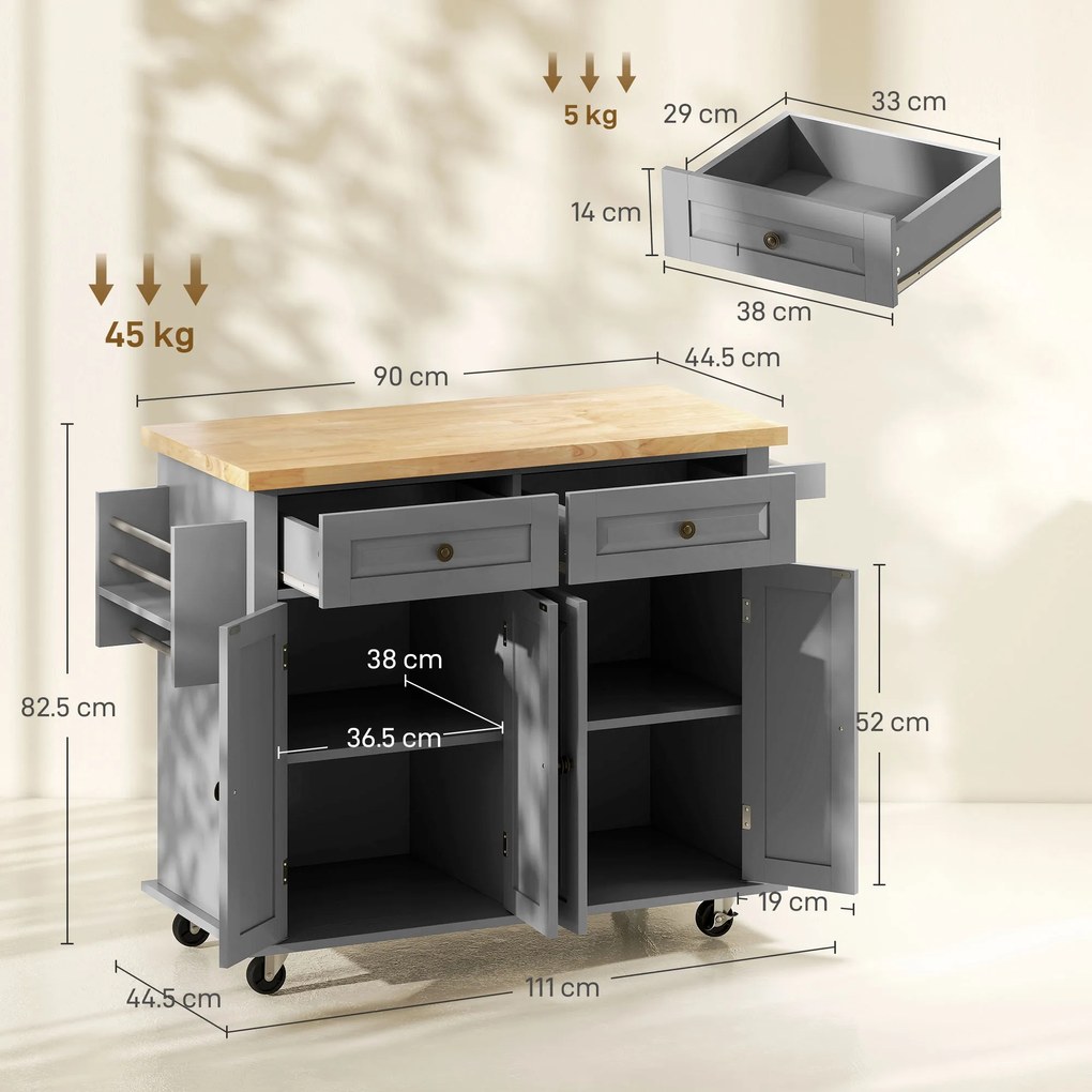 HOMCOM Căruț de Bucătărie cu 2 Sertare și 2 Dulapuri, Insulă de Bucătărie cu Blat din Lemn, 111x44,5x82,5 cm, Gri | Aosom Romania