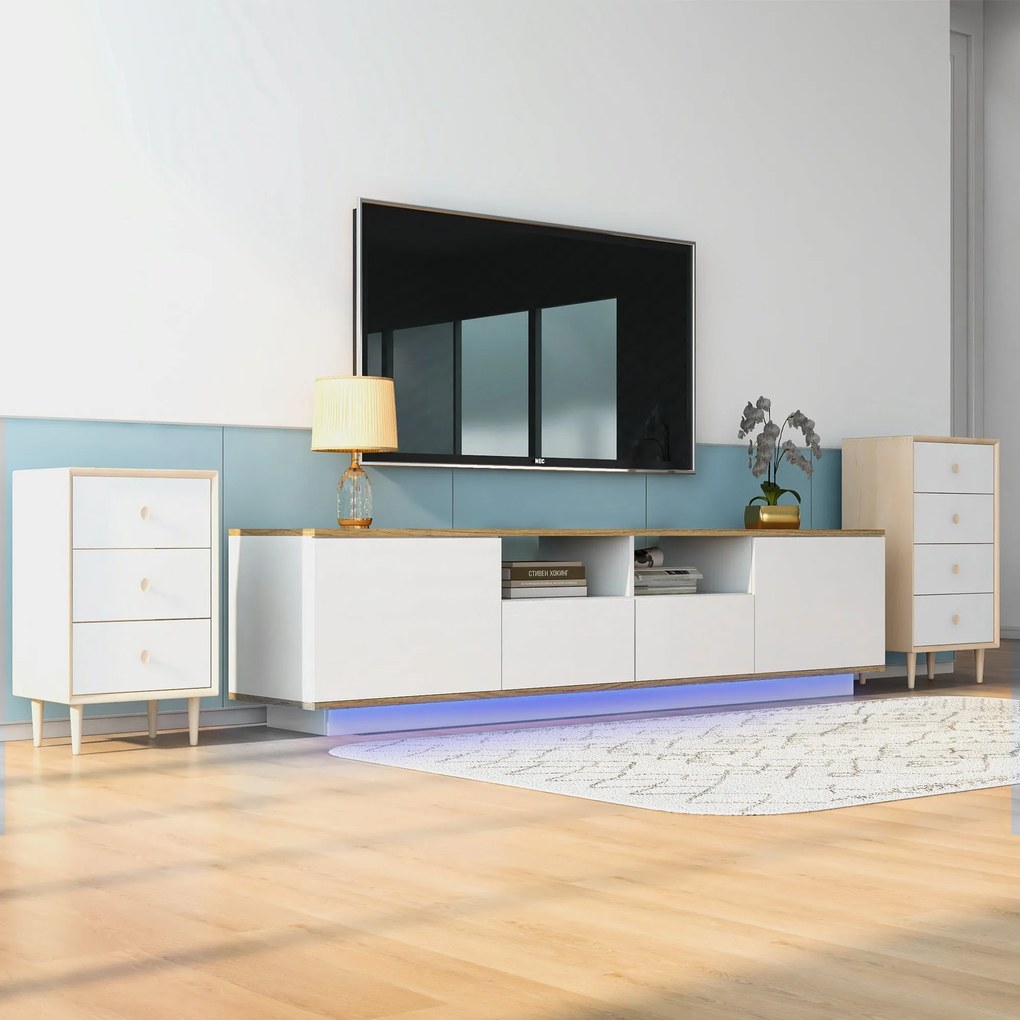 Mobilier TV modern cu LED-uri reglabile, Alb+Culoare naturală | Aosom Romania