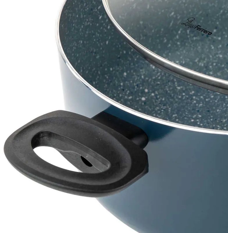 Oala cu capac din sticla Luigi Ferrero Prima FR-2245D, 22x13 cm, 4.5 l, Acoperire antiaderenta cu efect de marmura, Inductie, Albastru