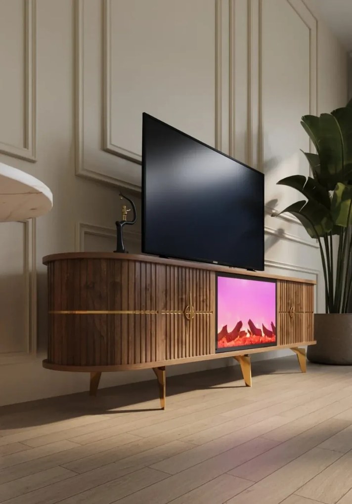 RESIGILAT- Comoda TV cu șemineu electric și riflaje, boxe Bluethooth, telecomandă, Lemn/Auriu, 180x40x50cm