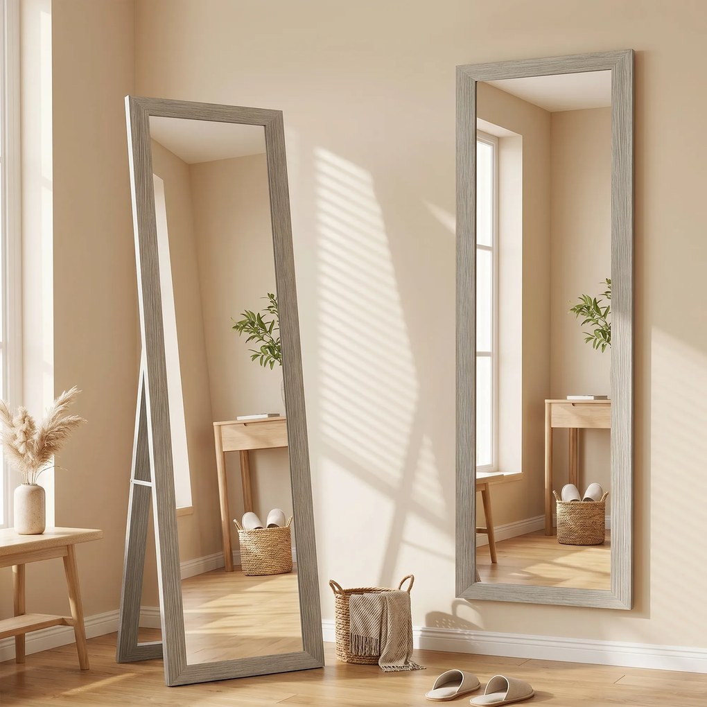 HOMCOM Oglindă Autoportantă Modernă, 37x157 cm, Oglindă de Perete și de Podea în Mărime Naturală cu Ramă din Lemn și Suport, pentru Dormitor, Living și Hol, Gri | Aosom Romania