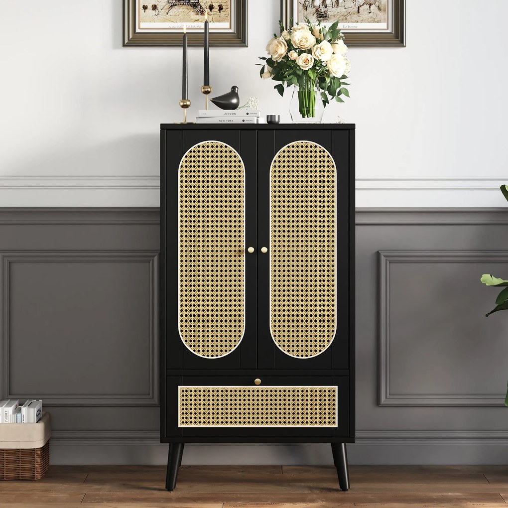 Comodă compactă, design din ratan, 2 uși, 1 sertar, 60×40×110,5 cm, Negru