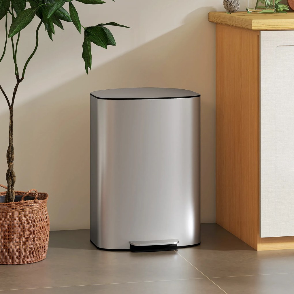 HOMCOM Coș de Gunoi cu Pedală de 50L cu Capac Amortizat, Deschidere la 90° și Găleată Detașabilă, Oțel Inoxidabil, Gri | Aosom Romania