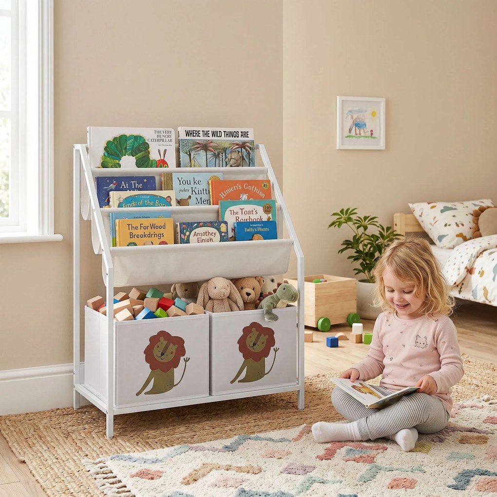 AIYAPLAY Bibliotecă Montessori pentru Copii 3-8 Ani cu 4 Rafturi și 2 Cutii cu Imprimeu Leu, Alb | Aosom Romania