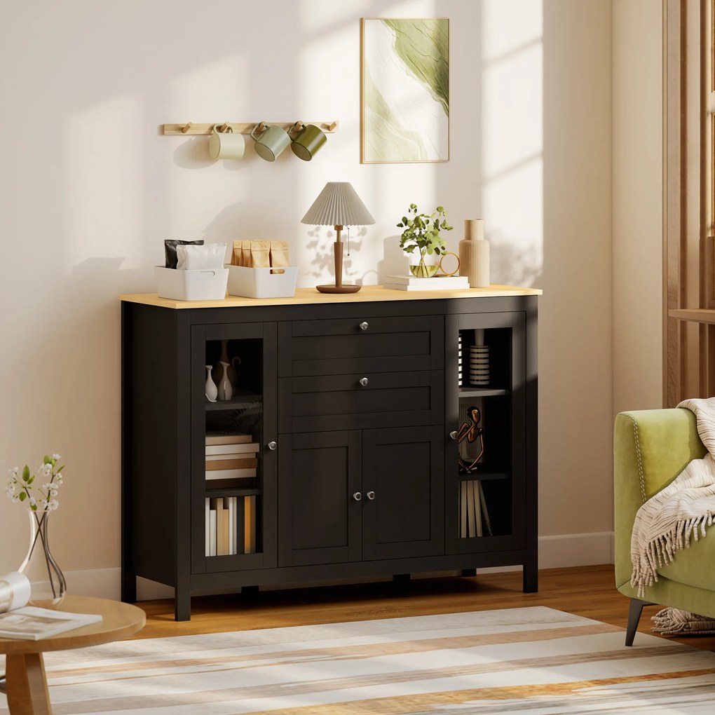 HOMCOM Bufet mobilier de depozitare 1 dulap cu uși duble 2 dulapuri cu uși din sticlă 2 sertare raft reglabil 120x40x90cm negru | Aosom Romania