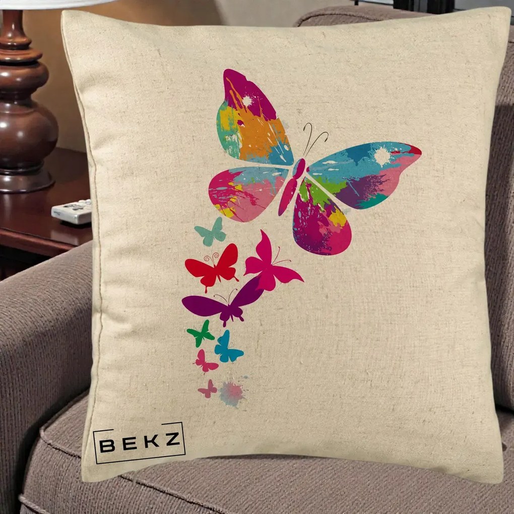 Perna Decorativa Fluturi Splash, 40x40 cm, Bej, Husa Detasabila, Perna Inclusa, BEKZ®