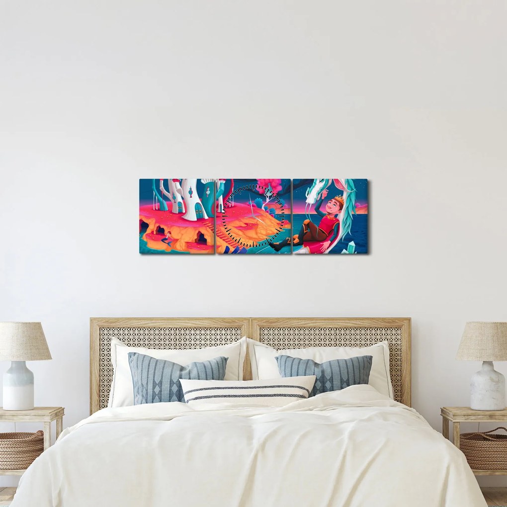 Tablou - Prinț și prințesa cu dragon (cu ceas) (90x30 cm)